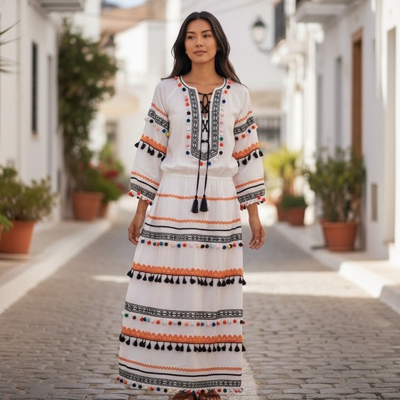 Dodo Bar Or Dresses & Skirts - Dodo Bar Or Striped Pom Pom Maxi Dress Multi‎ Color Medium Boho Festival NEW